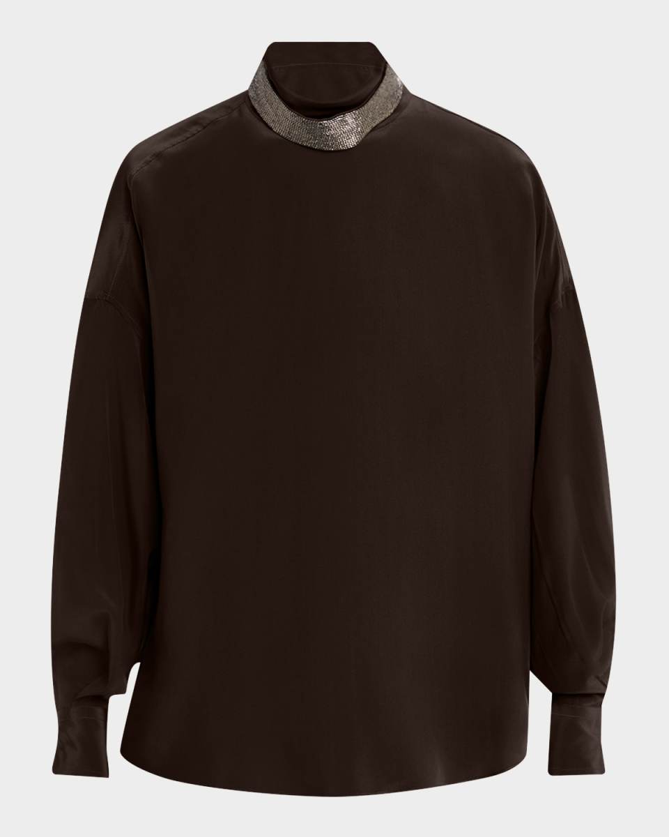 Crepe De Chine Long-Sleeve Blouse With Removable Thick Monili Coll